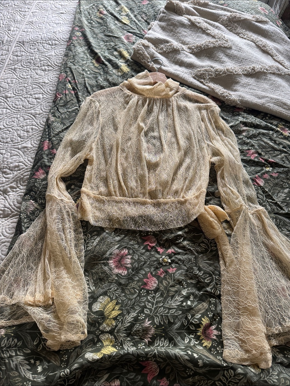 Free People Sheer Cream Lace High Neck Blouse